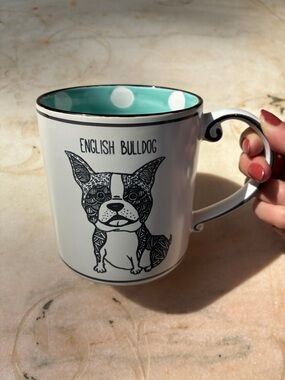 English Bulldog Ceramic Coffee Mug - White with Teal & white polka dot interior